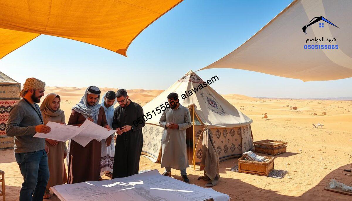 A skilled design team is focused on creating traditional Bedouin tents in a sunlit outdoor workshop. In the foreground, diverse professionals in modest casual clothing are collaborating on blueprints and fabric samples, displaying enthusiasm and creativity. The middle ground features a partially constructed tent adorned with intricate patterns, showcasing authentic craftsmanship. In the background, the desert landscape stretches under a clear blue sky, hinting at the cultural significance of these structures. Soft, natural lighting enhances the warm tones of the tents and landscape, creating an inviting atmosphere. The scene captures teamwork, passion, and the artistry involved in designing these unique structures, reflecting the spirit of craftsmanship and design innovation.