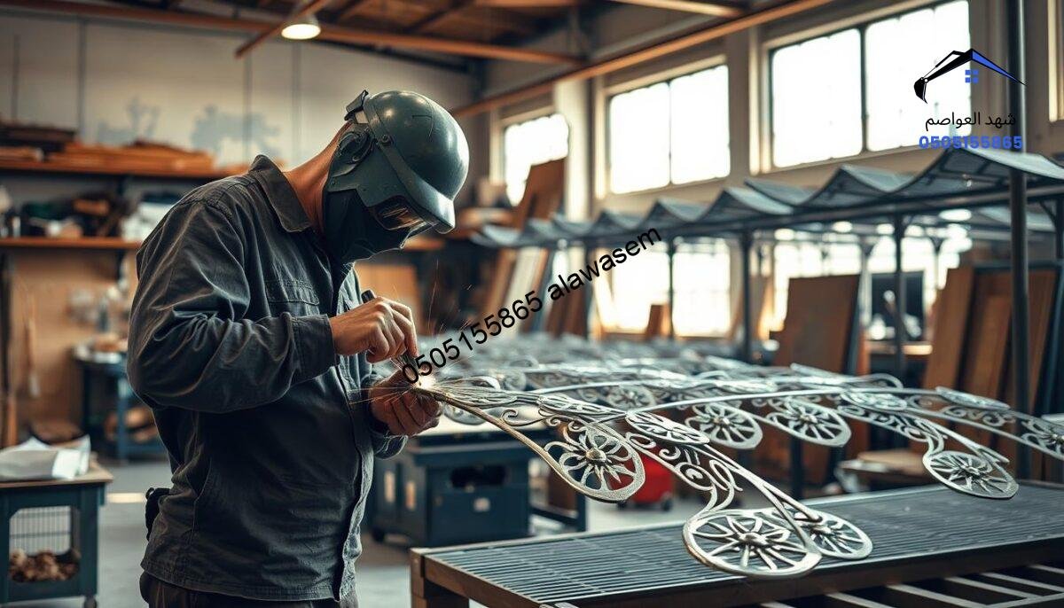 A skilled metalworker engaged in artistic metal fabrication, showcasing intricate designs for moving shade structures. In the foreground, the artisan is dressed in professional work attire, carefully bending and welding metal pieces. The middle of the scene features partially assembled, beautifully crafted metallic shade structures, highlighting detailed patterns and innovative designs. The background reveals a well-equipped workshop, filled with tools, materials, and natural light streaming through large windows, casting soft shadows. The atmosphere is vibrant and industrious, conveying a sense of creativity and craftsmanship. Use a warm, balanced lighting setup to accentuate textures and metallic finishes, captured from a slightly elevated angle to provide depth and focus on the art of metalworking.