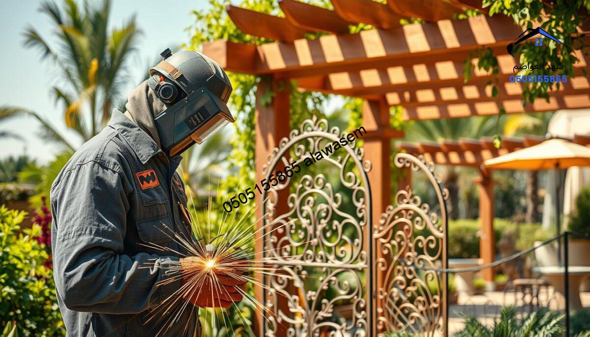 A skilled metalworker showcasing artistic metal fabrication services, prominently featuring intricate designs for garden structures in a vibrant outdoor setting. In the foreground, a craftsman wearing professional attire engages in welding decorative metal pieces. The middle ground showcases beautifully crafted metal designs such as ornate trellises and decorative screens, blending seamlessly with lush garden foliage. The background features a sunny Riyadh garden, with wooden pergolas adorned with stylish canopies. The scene is illuminated by warm, natural light, creating a welcoming atmosphere. The clean composition captures the harmony between skilled craftsmanship and lush greenery, emphasizing the artistry of metalwork in landscaping.
