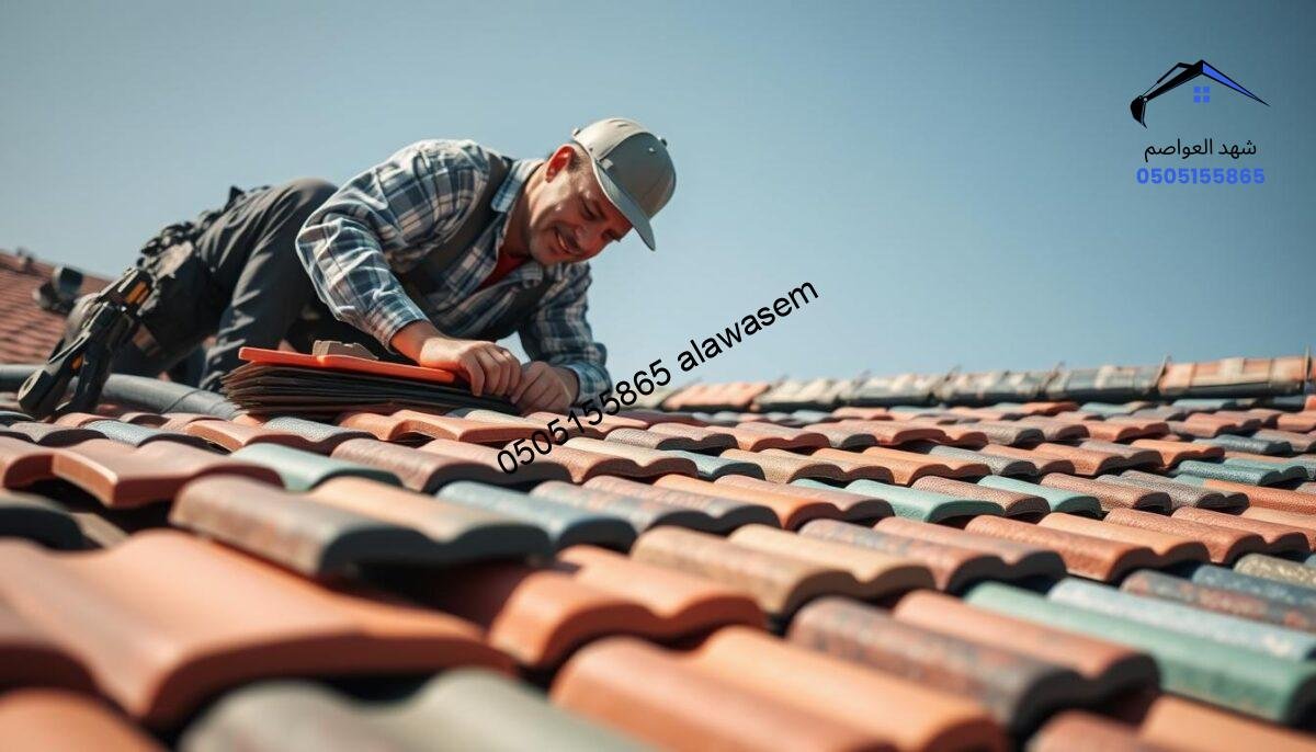 A skilled worker expertly arranging colorful ceramic shingles on a rooftop, showcasing a variety of tiles in shades of red, blue, and green. The foreground captures the worker in professional attire, focused on the task with tools nearby. In the middle ground, an array of neatly stacked tiles reveals their textures and colors, symbolizing the different kinds available. The background features a clear blue sky, creating a bright, cheerful atmosphere. The sunlight casts soft shadows, enhancing the details of the tiles and worker. The scene conveys a sense of craftsmanship and dedication, embodying the expertise and satisfaction associated with roofing projects.