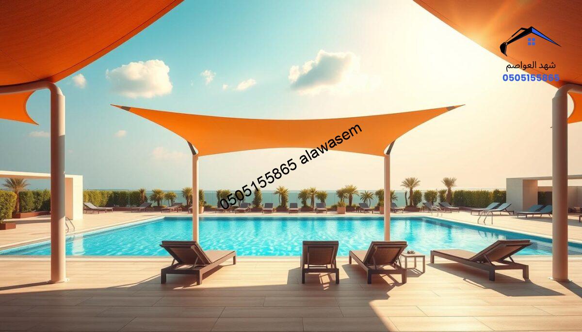 A spacious outdoor swimming pool area in Riyadh, featuring elegant poolside shade structures designed for sun protection. In the foreground, showcase a sleek, modern sunshade with a vibrant color palette, casting soft shadows on the pool deck. In the middle, display the inviting blue water of the pool, glistening under bright sunlight, surrounded by lush greenery and complimentary outdoor furniture such as stylish loungers and tables. In the background, illustrate a clear blue sky with a few fluffy clouds, reflecting a warm, inviting atmosphere. Soft, golden hour lighting enhances the scene, creating a tranquil and serene mood. The image should convey the benefits of pool shade structures, emphasizing comfort and style without any text or characters present.