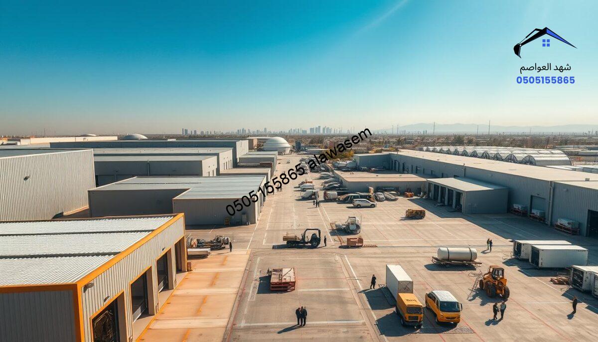 A sprawling industrial landscape in Riyadh, showcasing modern warehouses and storage sheds. In the foreground, sharp details of large metal warehouses with bright, reflective roofs under the intense midday sun. The middle ground features wide loading docks bustling with activity, while workers in professional business attire are busy organizing goods and machinery. The background reveals a clear blue sky with distant industrial buildings and the Riyadh skyline, enhancing the urban feel. A warm, inviting atmosphere is created by the sunlight casting long shadows across the ground. The scene is captured through a slightly elevated angle to provide depth to the layout, emphasizing the importance of these facilities in the industrial sector.
