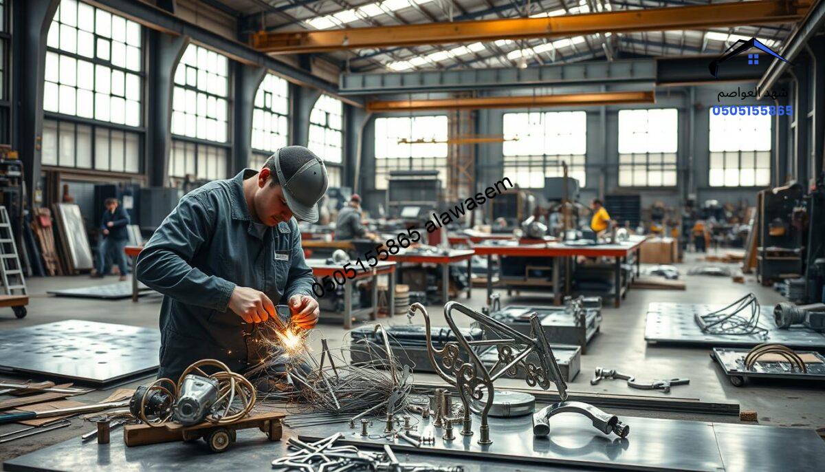 A striking industrial scene depicting artistic metalworking in a spacious factory setting, illustrating the importance of skilled metal craftsmanship. In the foreground, a skilled artisan in professional work attire meticulously crafting intricate metal designs. The middle ground features a well-organized workshop filled with various tools, metal sheets, and partially completed projects, emphasizing the precision and artistry involved in metal design. In the background, large windows let in natural light, casting soft shadows and highlighting the gleaming surfaces of the metalwork. The atmosphere is one of creativity and professionalism, with an air of determination and collaboration, showcasing the vital role of artistic metalworking in modern industrial facilities. The image should be realistic, with attention to detail in textures and lighting, creating an inspiring and engaging visual representation.