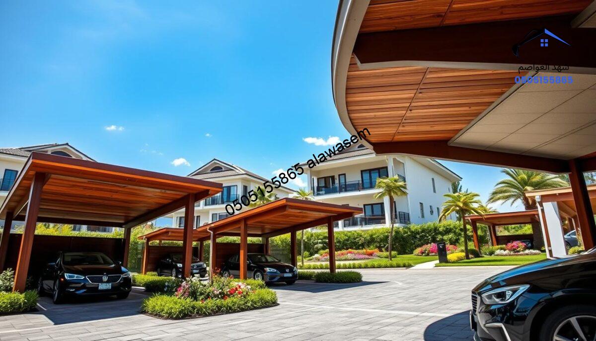 A stunning outdoor scene featuring elegant car canopies, designed for luxury villas in a picturesque neighborhood. In the foreground, showcase several stylish car shelters, made from high-quality materials, with intricate wooden details and lush, green landscaping surrounding them. The middle ground includes modern villas adorned with beautiful gardens, surrounded by colorful flowers and well-maintained lawns. In the background, a clear blue sky enhances the serene atmosphere, with soft sunlight casting gentle shadows. Capture this scene with a wide-angle lens, ensuring a vivid focus on the car canopies while maintaining a balanced view of the villas and gardens, evoking a sense of sophistication and tranquility in this upscale residential area.