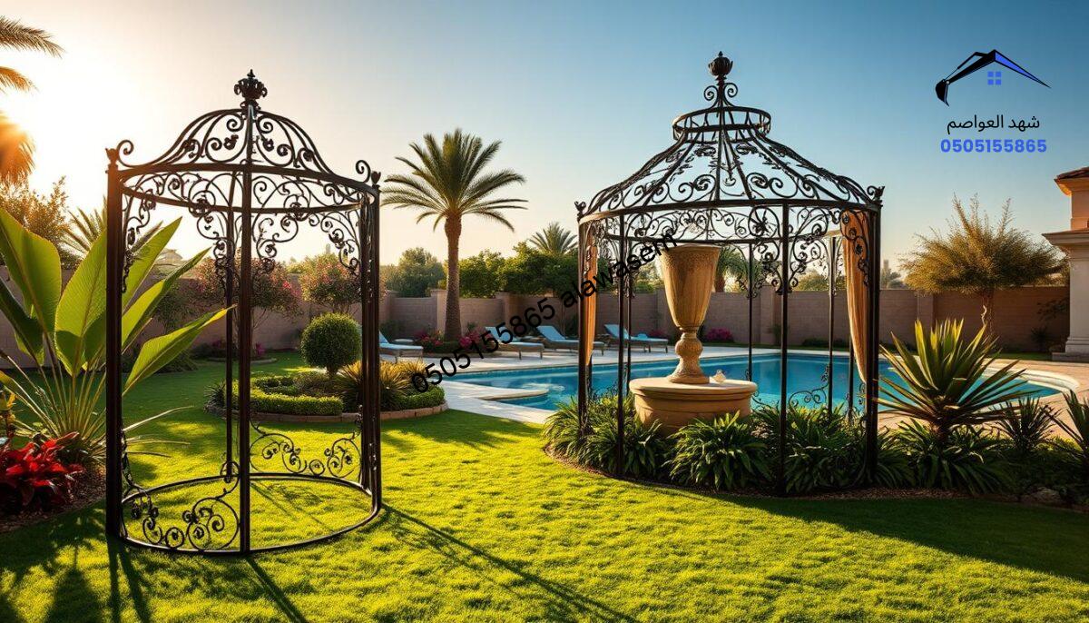A stunning outdoor scene showcasing exquisite artistic metalwork in the form of elegant wrought iron designs. In the foreground, a beautifully crafted iron gazebo sits adorned with intricate floral patterns, casting delicate shadows on the lush green grass beneath. Surrounding the gazebo, vibrant tropical plants add a pop of color, while a luxurious swimming pool glimmers in the background, reflecting the azure sky. The mid-ground features a harmoniously landscaped garden with ornamental trees, creating a serene atmosphere. The setting sun bathes the scene in warm golden hues, enhancing the richness of the materials and textures. The overall mood is one of luxury and sophistication, perfect for a high-end estate in the neighborhoods of Al-Yasmin and Al-Murooj.