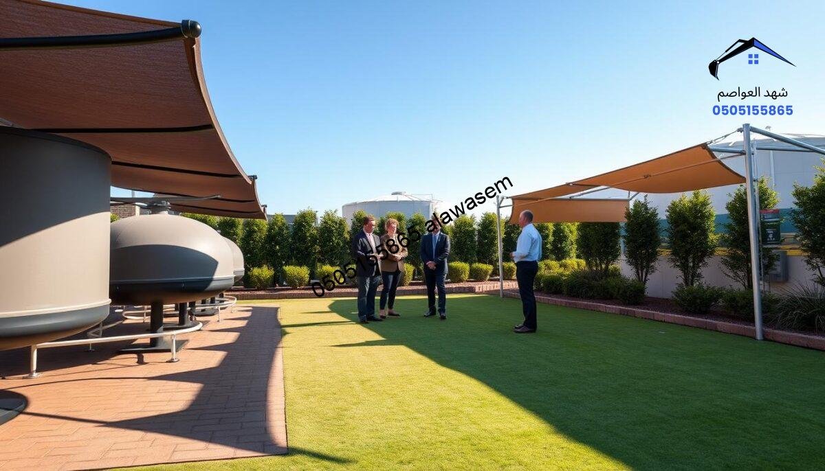 A successful installation of tank shades, showcasing a variety of customized designs, in a well-maintained outdoor setting. In the foreground, display several modern tank shades in different sizes and colors, casting intricate shadows on the ground. In the middle ground, depict satisfied customers in professional business attire, discussing the benefits of the shades with expert consultants, demonstrating a sense of collaboration and satisfaction. In the background, a clear blue sky complements the scene, with green landscaping enhancing the atmosphere of reliability and professionalism. Use soft, natural lighting to create a welcoming ambiance, and capture the image with a slightly elevated angle to provide a comprehensive view of the installation and the interaction, expressing a sense of achievement and success.