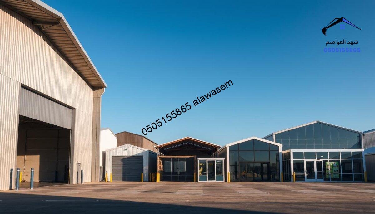 A variety of commercial hangars showcasing modern design and functionality. In the foreground, depict a large, well-structured hangar with high ceilings and large doors, made of corrugated metal, featuring a sleek, industrial aesthetic. In the middle ground, display several smaller hangars in different styles, including one with glass walls and an eco-friendly design. The background should feature an expansive, clear blue sky, suggesting a sunny day. Include subtle shadows for depth, with soft sunlight illuminating the hangars, casting elongated shadows on the ground. The scene conveys a professional, efficient atmosphere, emphasizing the quality and variety of commercial storage solutions available. No text or watermarks included.