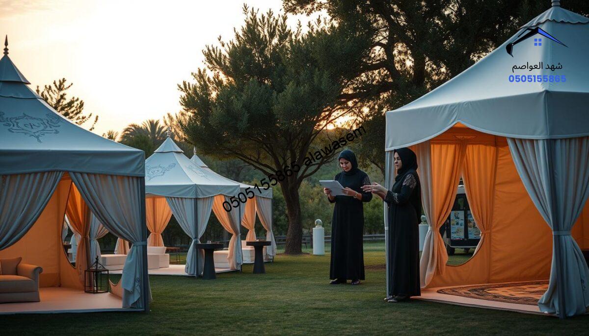 A variety of customized tent designs, showcasing elegant and modern "beit sha'ar" structures, prominently displayed in the foreground. Each tent features unique patterns, colors, and materials, tailored to suit different client preferences. In the middle ground, artisans and designers are expertly collaborating, measuring fabrics, and sketching designs, dressed in modest, professional attire. The background displays a scenic outdoor setting, with soft evening sunlight filtering through trees, creating a warm and inviting atmosphere. The composition highlights creativity and craftsmanship in tent design, with a focus on personalized solutions for various environments, emphasizing a sense of innovation and individuality in outdoor living spaces. The overall mood is inspiring and professional, reflecting the artistry of tent design.