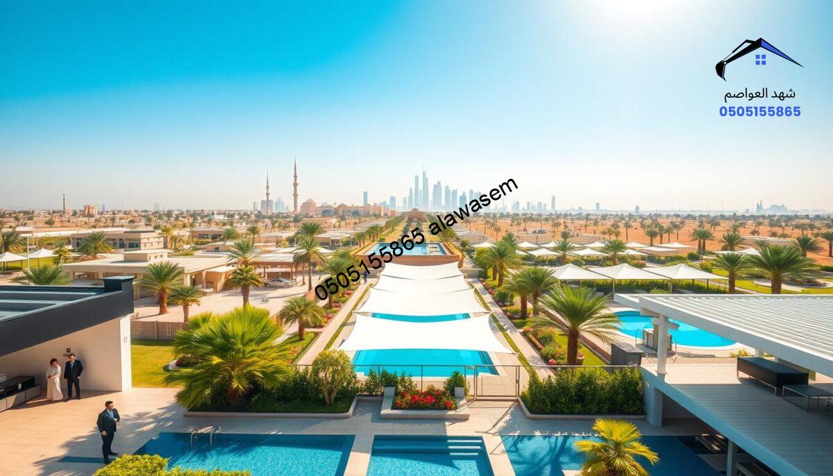 A vibrant aerial view of service areas in Riyadh, showcasing designated locations for water-resistant swimming pool canopies. In the foreground, a well-organized service center with employees in professional business attire, assisting customers. The middle section features spacious, sunlit areas where stylish, waterproof pool shades are displayed, surrounded by lush greenery and inviting landscaping. In the background, a clear blue sky dominates, reflecting the warm atmosphere of Riyadh, with iconic city landmarks subtly included for context. The lighting is bright and sunny, creating a welcoming mood. Capture this scene from a slightly elevated angle, highlighting the organization and efficiency of the service areas, with no text or watermarks present.