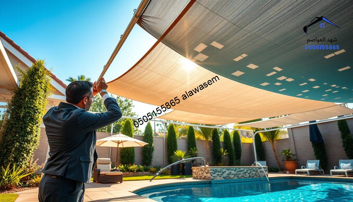 A vibrant and engaging scene showcasing "شركة مظلات سواتر شهد العواصم الرياض," featuring a skilled team installing high-quality waterproof pool canopies in a residential backyard setting. In the foreground, a professional technician in business attire adjusts the installation of a sleek, modern canopy, with rich textures and colors that emphasize durability. The middle ground highlights several stylish canopies in various shapes and sizes, demonstrating versatility. The background reveals a beautifully landscaped garden, with sunlight filtering through the canopy fabric, creating dappled shadows on the pool's surface. The atmosphere is bright and inviting, portraying a sense of reliability and professionalism. Capture this scene with a warm, natural light, using a balanced lens to ensure clarity and focus on both the installation and the tranquil outdoor space.