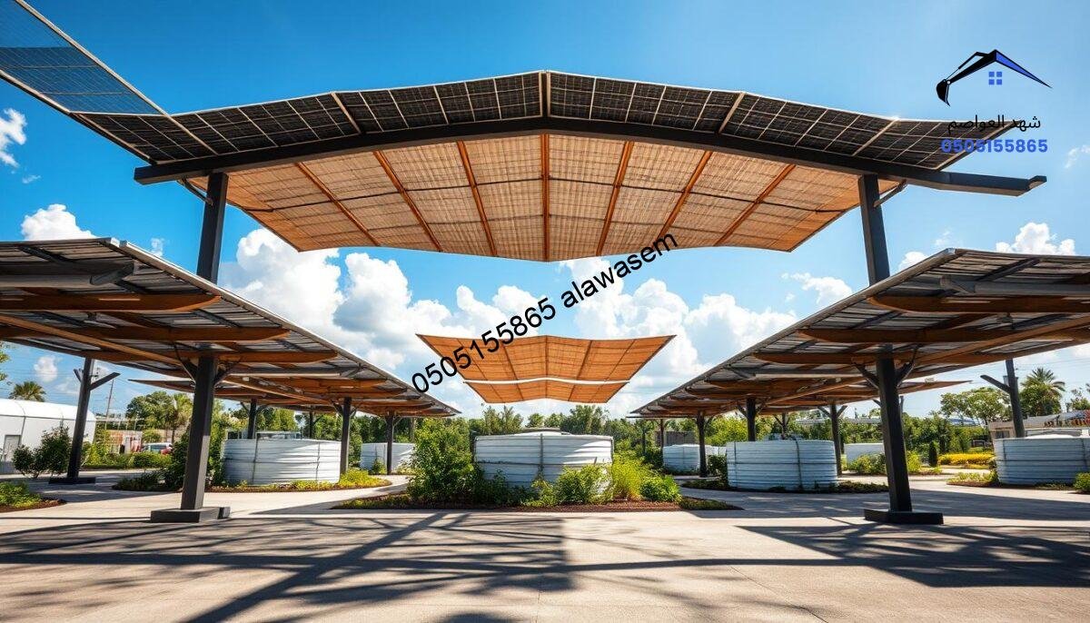 A vibrant architectural scene showcasing sustainable shade structures designed for tank installations. In the foreground, depict a modern, eco-friendly canopy made from solar panels and reclaimed materials, casting intricate shadows on the ground. The middle ground features several tanks shaded by these structures, with greenery surrounding them, emphasizing an environmentally conscious approach. In the background, a clear blue sky with fluffy white clouds enhances the atmosphere of innovation and sustainability. The scene is lit with soft, natural sunlight, creating a warm and inviting mood. The perspective should be slightly elevated, capturing both the structures and their practical applications effectively, while maintaining a professional appearance free of distractions.