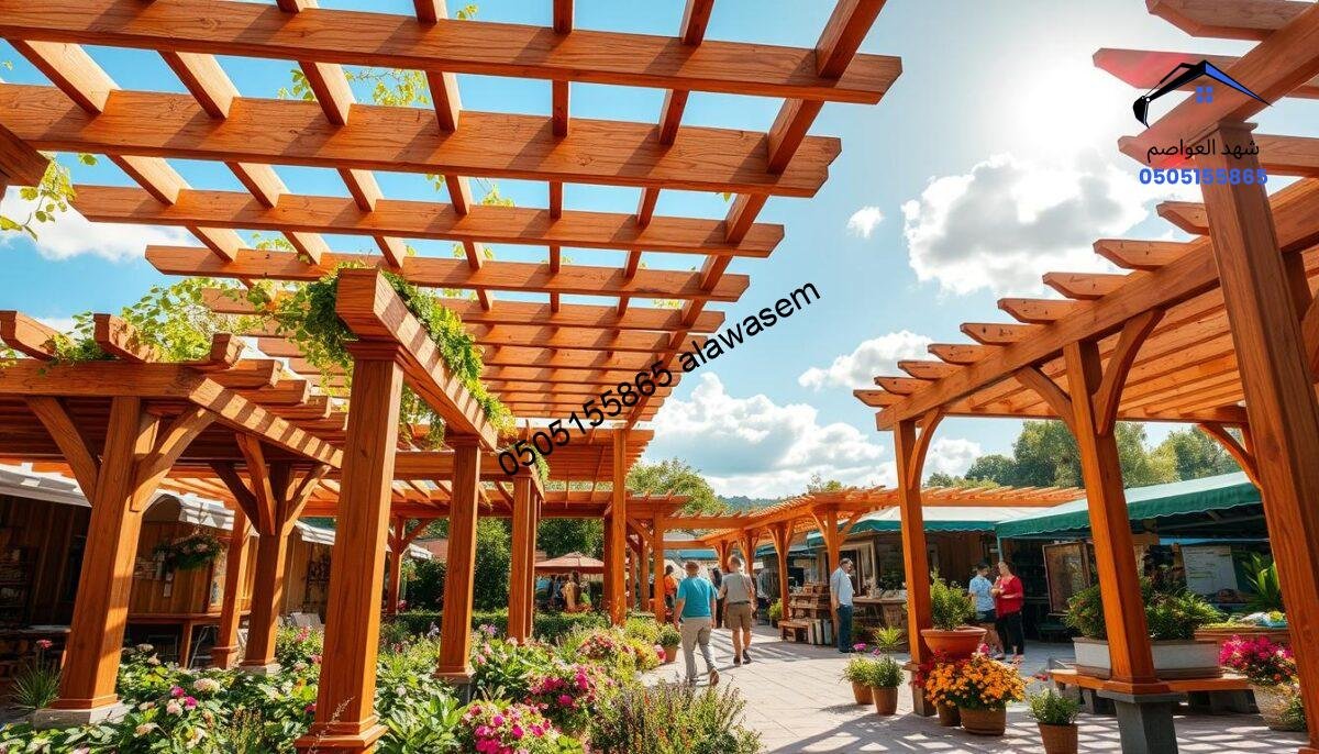 A vibrant scene depicting a bustling wooden pergola market, showcasing various styles and designs of wooden pergolas. In the foreground, a collection of intricately designed pergolas in different wood finishes, featuring lush greenery and colorful flowers around them. The middle ground includes vendors interacting with customers, providing a sense of commerce and community. The background shows a sunny sky, with a few fluffy clouds, enhancing the warm, inviting atmosphere. Soft sunlight filters through the pergolas, casting delicate shadows on the ground. Capture the energy of a lively market while highlighting beautiful, high-quality wooden pergolas. The image should evoke a sense of craftsmanship and appeal to home improvement enthusiasts.