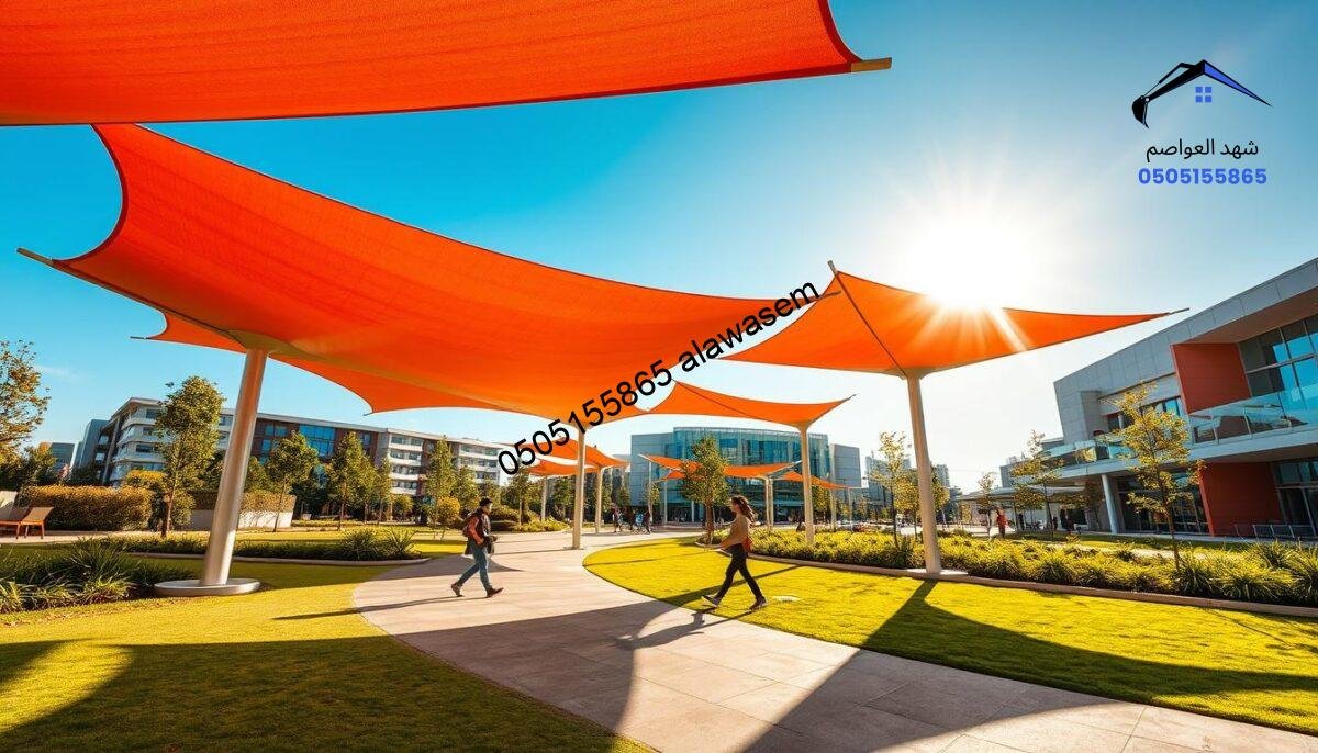 A vibrant scene depicting dynamic, modern canopies in a sunlit outdoor space. In the foreground, showcase elegantly designed, colorful canopies that appear to be adjusting their positions, casting intricate shadows on the ground below. The middle ground features lush green landscaping with a few people in modest casual clothing enjoying the shaded areas under the canopies. In the background, a clear blue sky enhances the scene, with gentle sunlight filtering through the fabric of the canopies, illuminating the space. Use a wide-angle lens perspective to capture the modern architecture of nearby buildings, ensuring a lively and inviting atmosphere that reflects innovation and comfort.