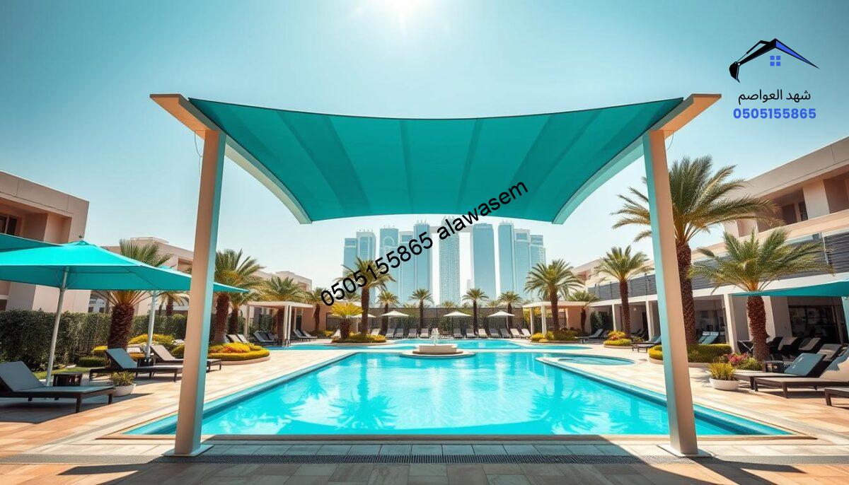 A vibrant, sunny scene in a luxurious Riyadh pool area, showcasing various styles of elegant poolside canopies and shade structures. In the foreground, a sleek modern canopy in teal and white, providing shade above a pristine turquoise pool. In the middle ground, landscaped gardens with palm trees and flowering plants enhance the tropical feel, while tastefully arranged loungers and tables create a welcoming atmosphere. In the background, the Riyadh skyline with contemporary buildings glistening under the bright sun adds depth to the scene. Soft natural lighting enhances the colors, while a slightly elevated angle captures the overall grandeur and relaxation of the environment. The mood is refreshing and inviting, perfect for enjoying a serene day by the pool.