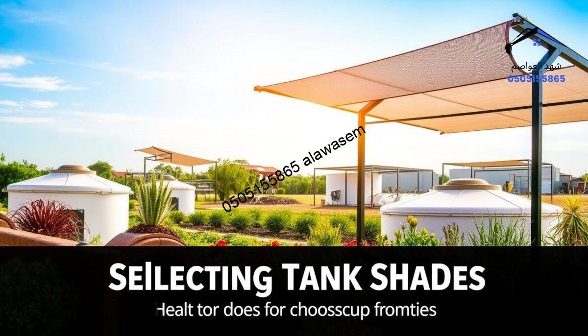 A visually appealing and informative scene focused on selecting tank shades. In the foreground, display various styles of tank shades, showcasing materials like fabric, metal, and UV-resistant options, with detailed textures visible. In the middle ground, illustrate a comparison of different tank shade installations in a landscaped setting, highlighting functionality and aesthetics. In the background, depict a clear blue sky with soft, natural lighting that creates a warm atmosphere, enhancing the overall visual appeal. The entire composition should convey a sense of professionalism and guidance, ideal for a section dedicated to helpful tips for choosing tank shades.