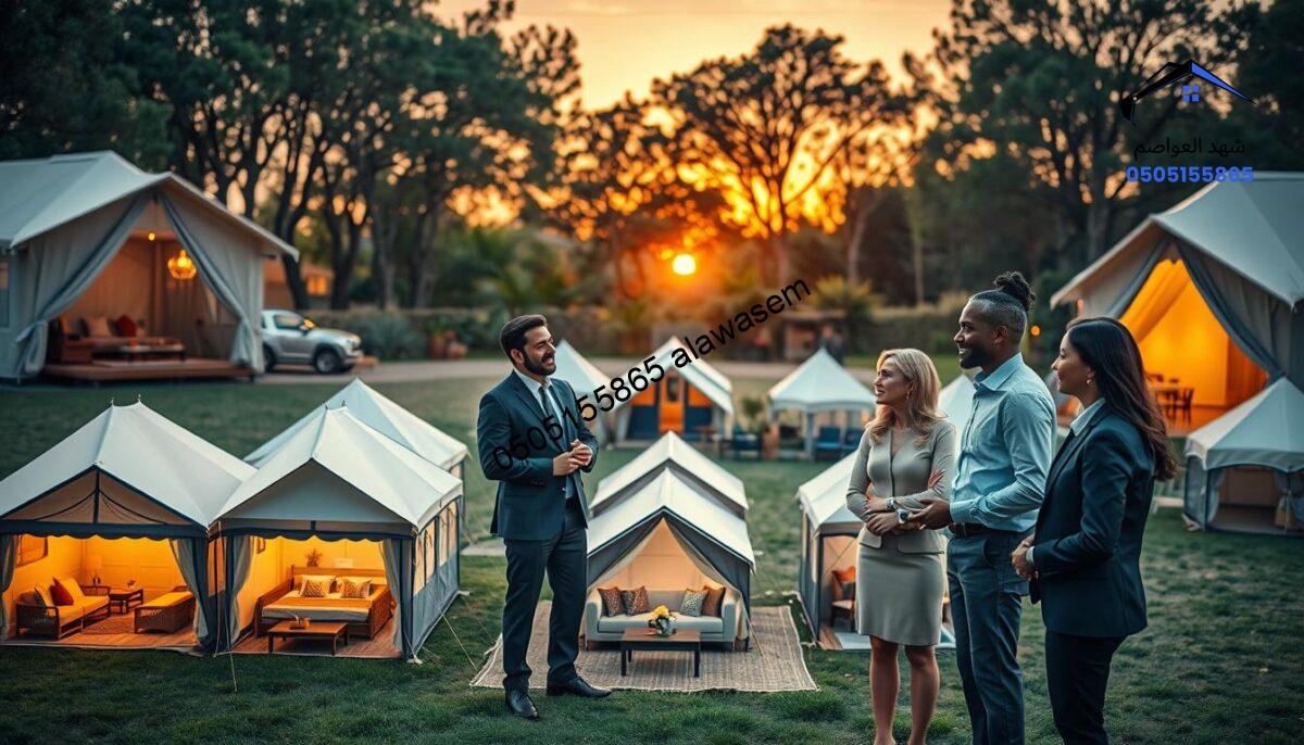 A vivid representation of a series of customer experiences with luxurious tent houses in a serene outdoor setting. In the foreground, showcase a diverse group of satisfied clients, dressed in professional business attire, discussing their positive experiences while admiring a beautifully designed tent house that features elegant decorations and comfortable furniture. In the middle ground, highlight a variety of tent models arranged invitingly, showcasing different designs and colors, surrounded by lush greenery and soft, ambient lighting. In the background, a sunset casts a warm glow over the scene, enhancing the inviting atmosphere. Capture the essence of joy and satisfaction in their expressions, emphasizing the quality and aesthetic appeal of the tent houses, ensuring the image is bright and inviting, with a soft-focus effect to create a dreamy ambiance.
