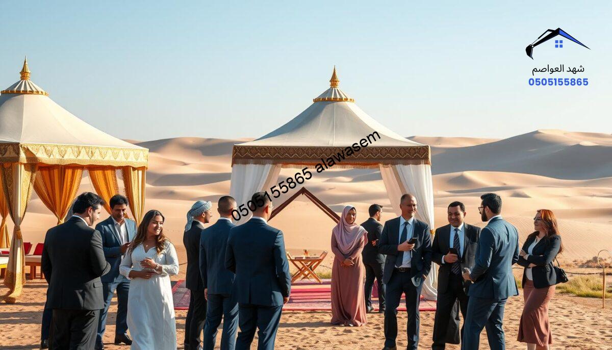 A warm and inviting scene showcasing a collection of beautifully crafted Arabian tents set in a stunning outdoor landscape, emphasizing their intricate designs and vibrant colors. In the foreground, a diverse group of clients, dressed in professional business attire, are engaged in lively conversation, highlighting their satisfaction and appreciation for the service received. The middle ground features a few elegantly arranged tents, with soft lighting enhancing the textures of the fabric. In the background, gently rolling sand dunes under a clear blue sky create a serene atmosphere. The image should have a bright and cheerful mood, conveying a sense of trust and professionalism, with a focus on the quality of service and unique offerings available in Riyadh.