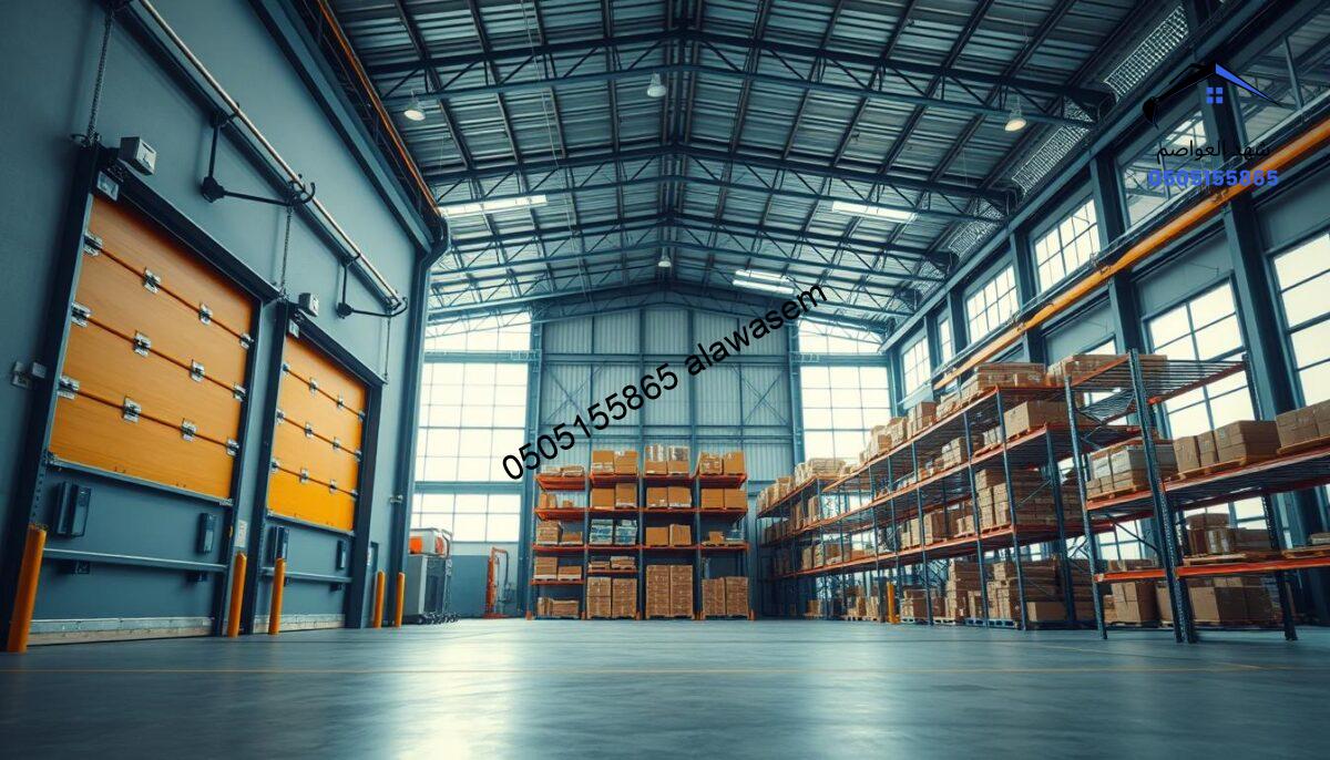 A wide-angle view of a modern industrial warehouse, emphasizing the structural design of a government facility. The foreground features a large, well-lit entrance displaying heavy-duty, reinforced doors. In the middle ground, showcase rows of metal shelving filled with various industrial supplies, conveying organization and efficiency. The background highlights the expansive steel framework of the warehouse, with large windows allowing natural light to filter in, creating a bright and welcoming atmosphere. Use a subtle blue color palette to enhance the professional and clean feel of the space. Capture the image from a low-angle, focusing on the height of the structure to emphasize its capacity. The overall mood should reflect productivity and reliability, ideal for industrial and governmental use.