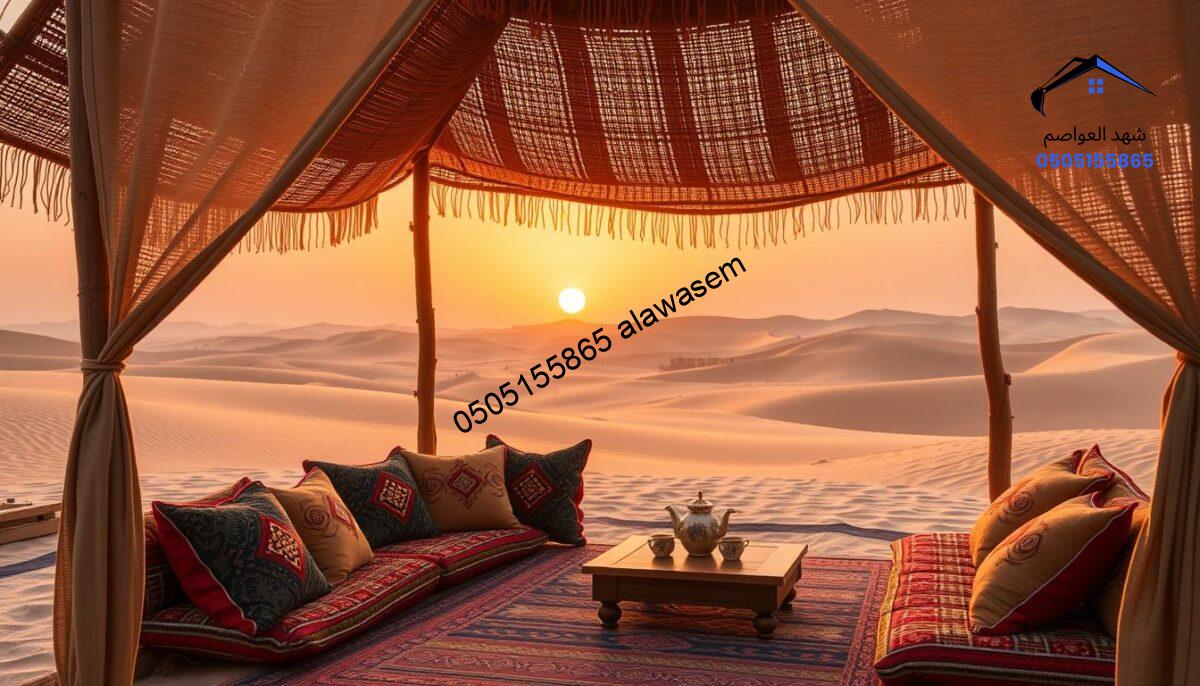 An inviting and serene scene showcasing the benefits of traditional Bedouin tents (بيوت شعر). In the foreground, a beautifully crafted tent made of woven fabric, featuring intricate patterns, with natural wood poles supporting it. A cozy sitting area is arranged with vibrant cushions and a low table, displaying a traditional tea setup. In the middle ground, a tranquil desert landscape with gentle dunes, enhancing the ambiance. In the background, a warm sunset casts soft orange and pink hues across the sky, creating a peaceful atmosphere. The lighting is soft and golden, emphasizing the texture of the tent and surrounding environment. Overall, the mood is warm and inviting, reflecting comfort and cultural heritage.