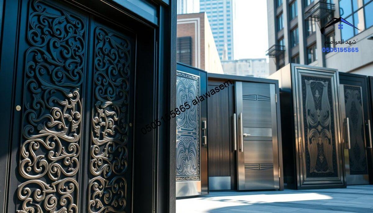 Contemporary designs of steel doors, showcasing a variety of styles including modern industrial and artistic elements. The foreground features a sleek, ornate steel door with intricate patterns, emphasizing craftsmanship. In the middle ground, display a range of doors with different textures and finishes, such as matte black, brushed steel, and elegant metallic hues. The background includes an urban setting, with sunlight casting soft shadows and highlighting the doors' features. Use a wide-angle lens to capture depth, and ensure bright, natural lighting to enhance the details. The overall mood conveys a sense of sophistication and innovation in the metalworking artistry. The image should be free of any text or logos.
