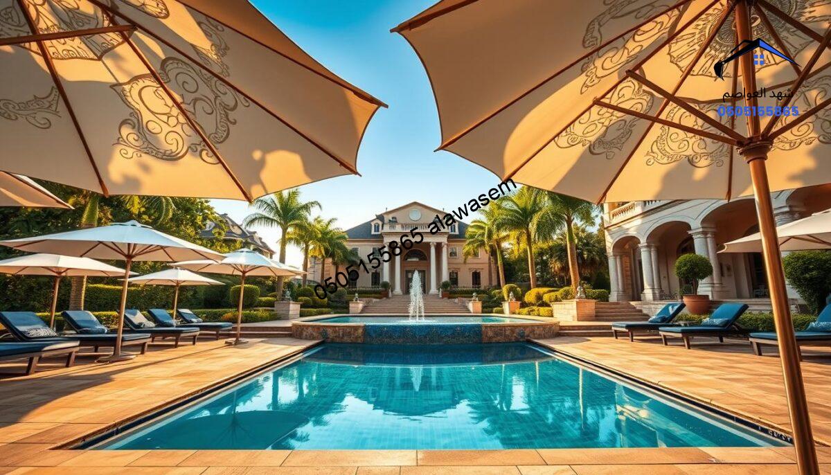 Luxurious pool umbrellas elegantly arranged around a stunning swimming pool in a regal setting, showcasing elegant white and navy blue shades. The foreground features intricate designs on the umbrellas, with sunlight filtering through the fabric, casting playful shadows on the polished stone deck. In the middle ground, a sparkling pool reflects the vibrant colors of lush greenery and palm trees, enhancing the opulent feel of the surroundings. The background reveals an exquisite mansion with grand architecture, exuding sophistication. The scene is bathed in warm, golden hour light, creating a serene and inviting atmosphere, perfect for relaxation and leisure. The angle captures both the umbrellas and the inviting poolside, emphasizing luxury and tranquility.