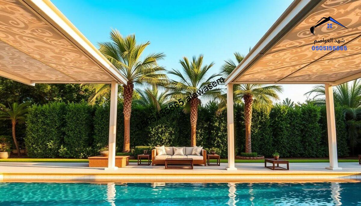Luxurious poolside canopies designed for stunning estates in Jasmine and Al-Murooj neighborhoods. The foreground showcases an elegant, contemporary canopy with intricate patterns and high-quality fabric, casting gentle shadows over a pristine swimming pool. In the middle, plush outdoor furniture complements the canopy, arranged with tasteful decor such as stylish cushions and elegant side tables. The background features lush greenery, tall palms swaying in the breeze, and a clear blue sky enhancing the serene atmosphere. Soft, warm sunlight bathes the scene, creating a welcoming and sophisticated mood. The image captures the essence of exclusive design, blending modern aesthetics with comfort, perfect for a luxurious pool area.