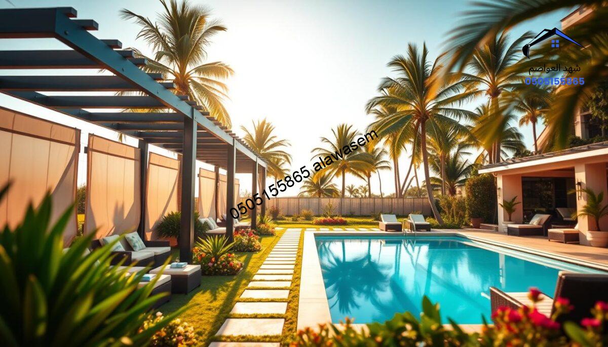 Luxurious poolside retreat featuring elegant pergolas and beautifully manicured gardens, showcasing stylish privacy screens. In the foreground, lush greenery contrasts with tasteful, modern outdoor furniture arranged around a sparkling swimming pool. The middle ground includes a neatly arranged garden path leading through colorful flower beds, enhancing the serene atmosphere. In the background, tall palm trees sway gently in a warm, golden sunlight, creating a tranquil, inviting ambiance. The scene is captured with a soft focus lens effect, emphasizing a warm and relaxing mood, perfect for an upscale oasis. No human figures present to maintain focus on the grandeur of the setting.