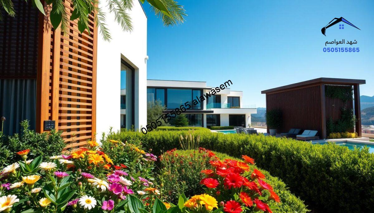 Modern villa privacy screens designed for diverse climatic conditions, showcasing various styles such as elegant wooden slats, durable metal panels, and lush decorative plants. In the foreground, a beautifully landscaped garden with vibrant flowers and neatly trimmed hedges. The middle ground features sleek, contemporary villas with large windows that reflect the surroundings. The background reveals a clear blue sky and distant hills, enhancing the serene atmosphere. Natural light spills over the scene, creating soft shadows and highlighting textures. Capture this scene from a low angle to emphasize the height and elegance of the villa screens. The overall mood is tranquil and harmonious, blending modern architecture with nature.