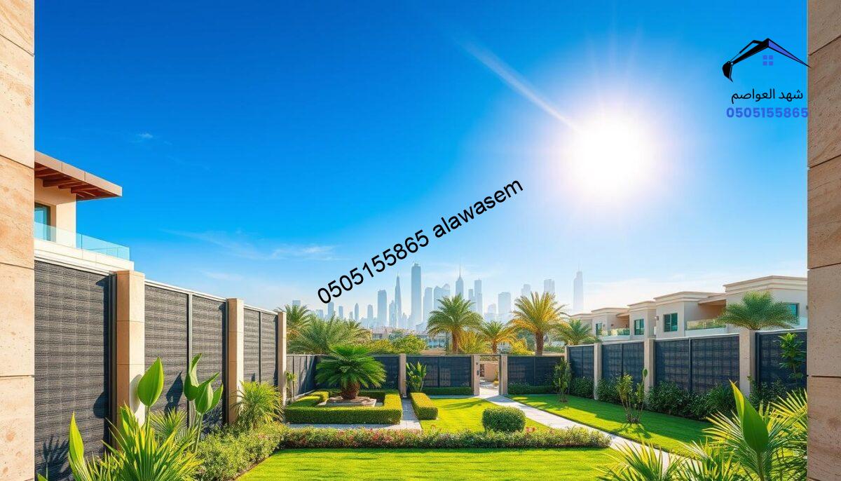 Vibrant and detailed illustration of modern privacy screens (سواتر) in upscale neighborhoods of Riyadh, specifically in the areas of Tuwaiq and Al-Dhahriah. In the foreground, showcase a beautifully designed, contemporary villa's perimeter adorned with elegant privacy screens in various textures and colors, emphasizing craftsmanship and design cohesiveness. The middle ground reveals lush greenery and well-maintained gardens, creating a serene oasis vibe. The background features the iconic skyline of Riyadh under a clear blue sky, casting soft, warm sunlight across the scene, which enhances the tranquil atmosphere. Utilize a perspective that captures the essence of home and privacy, highlighting the stylish integration of these screens within the modern residential architecture. The image should evoke a sense of elegance and sophistication, appealing to those seeking modern living solutions.
