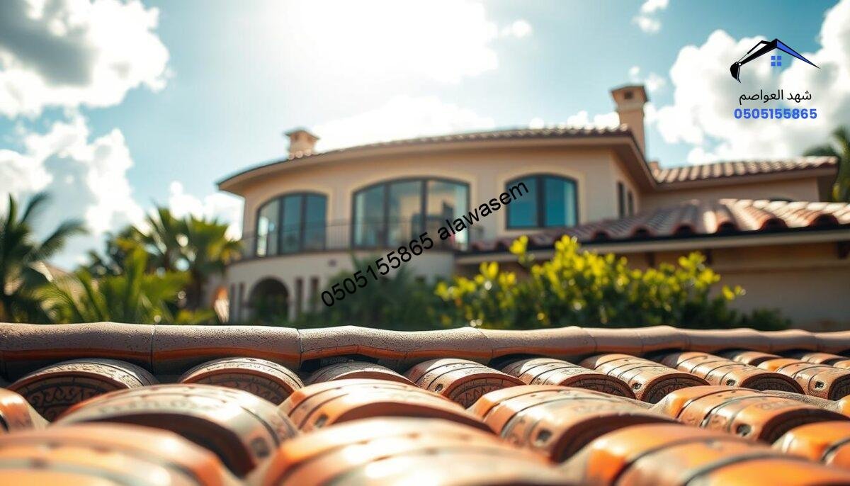A beautiful, professionally completed villa rooftop showcasing Spanish and Italian tiles, emphasizing their intricate designs and vibrant colors. In the foreground, take a close-up of the tiles, highlighting the textures and patterns. The middle layer features the elegant villa structure with large windows reflecting sunlight, surrounded by lush greenery. In the background, a bright blue sky with soft, fluffy clouds creates an inviting atmosphere. The scene is illuminated by warm, natural daylight, enhancing the appearance of the tiles and the villa. The angle captures the top of the villa, showcasing the craftsmanship. Overall, the mood is one of sophistication and tranquility, emphasizing quality and aesthetic appeal in roofing projects.