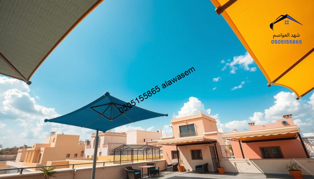 A beautiful rooftop scene showcasing elegant outdoor canopies in the residential area of Al-Badi'ah and Al-Musayf. In the foreground, several stylish, modern sunshades with vibrant colors, including deep blues and bright yellows, elegantly protect a small outdoor seating area with comfortable chairs and a small table. In the middle ground, authentic architectural elements of the neighborhood are visible, with traditional buildings painted in soft pastels. The background captures a bright blue sky with fluffy white clouds, creating a serene and inviting atmosphere. The lighting is warm and sunny, suggesting a pleasant daytime setting. The image should have a slight angle from above, focusing on the canopies and their utility in enhancing outdoor spaces, perfectly highlighting the theme of rooftop sunshades.