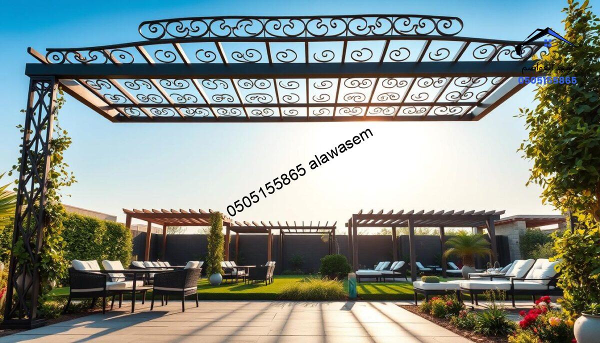 A beautifully arranged display of high-quality iron pergolas designed for outdoor relaxation spaces in Riyadh. In the foreground, showcase a modern steel pergola with intricate patterns and a sleek finish, adorned with climbing plants and elegant outdoor furniture. The middle ground features a serene garden setting with various pergola styles, each highlighting their unique designs and finishes, surrounded by lush greenery and colorful flowers. In the background, depict a clear blue sky with soft, golden sunlight filtering through, casting gentle shadows that enhance the elegance of the structures. Use a wide-angle lens to capture the depth of field and create an inviting, tranquil atmosphere, emphasizing the luxurious craftsmanship and versatility of the products without any people or added text.