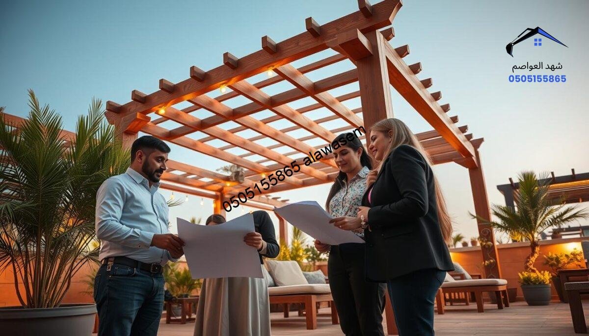 A beautifully designed terrace with wooden pergolas highlighted by LED lighting, showcasing elegant and inviting spaces for relaxation. In the foreground, a diverse team of two professional consultants, one male and one female, are engaged in a discussion while examining design plans. They are dressed in smart casual attire, exuding professionalism and friendliness. The middle ground features a well-structured wooden pergola casting soft, warm light from the embedded LEDs, surrounded by lush greenery and aromatic plants. In the background, a clear blue sky complements the scene, depicting a bright, sunny day in East Riyadh. The overall atmosphere is warm and welcoming, suggesting the comfort and aesthetic of well-designed outdoor living spaces. The image is captured with a wide-angle lens to emphasize the spaciousness and beauty of the terrace design.