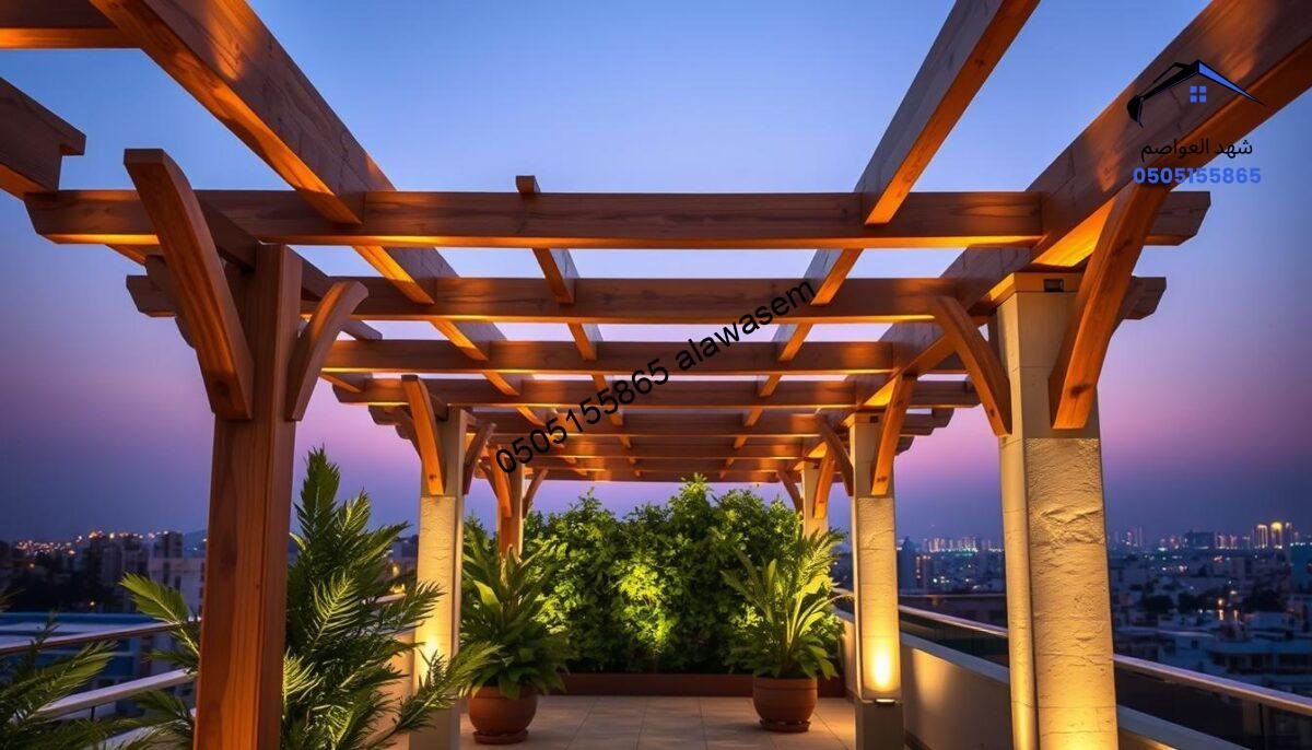 A beautifully designed wooden pergola on a rooftop in East Riyadh, showcasing a modern and elegant aesthetic. The foreground features intricately crafted wooden beams and crosspieces accentuated with soft LED lighting, creating a warm and inviting glow. In the middle ground, lush greenery and potted plants complement the pergola, enhancing the natural ambiance. The background reveals a city skyline at dusk, bathed in soft twilight hues of purple and orange. Utilize a wide-angle lens to capture the entire scene in a serene atmosphere, highlighting the fusion of nature and modern architecture. Ensure a sense of tranquility and sophistication is conveyed throughout the image, offering an inspirational look at wooden pergola design with LED lighting.