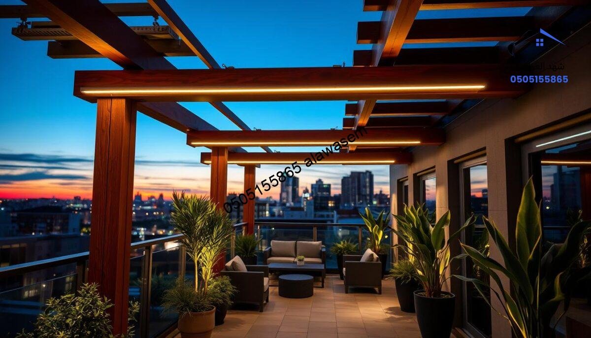 A beautifully lit rooftop pergola featuring modern LED lighting, nestled in an urban setting. In the foreground, focus on elegant wooden beams supporting the pergola, adorned with soft, ambient LED strips casting a warm glow. In the middle, showcase a cozy outdoor seating area with stylish furniture, surrounded by lush potted plants, seamlessly blending comfort and aesthetics. The background reveals a city skyline at twilight, creating a serene atmosphere with a gradient of twilight colors in the sky. The lighting is soft yet vibrant, emphasizing the inviting nature of the space. Capture this scene from a slightly elevated angle to enhance depth and perspective, creating a harmonious, tranquil feel ideal for relaxation or social gatherings.