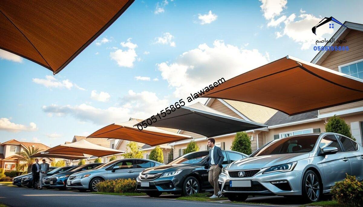 A captivating scene featuring a variety of elegantly designed car canopies in a residential neighborhood, symbolizing competitive pricing. In the foreground, display several striking pyramid-shaped car shades, showcasing different colors and textures, positioned strategically to highlight their quality and design. The middle ground should include pleasantly landscaped lawns and parked vehicles sheltered under the canopies, while happy families or professionals in business attire appreciate the features, creating a sense of community. In the background, a clear blue sky with soft clouds adds a serene atmosphere, complemented by warm afternoon sunlight casting gentle shadows. Use a slightly elevated angle to enhance the perspective, focusing on the interplay of the canopies and the vibrant surroundings making it an inviting and informative representation of competitive prices.