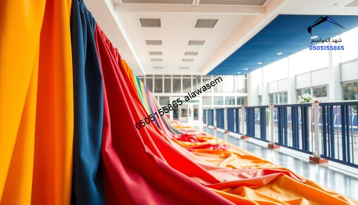 A collection of fabric barriers (سواتر قماش) designed for use in schools and universities, showcasing various types and colors. In the foreground, a vibrant display of different fabric materials, including solid colors and patterned designs, draped elegantly to illustrate their quality and diversity. In the middle ground, a modern educational setting featuring these fabric barriers installed around classrooms and outdoor areas, emphasizing their functionality and aesthetics in a learning environment. The background includes a bright and inviting school facade, illuminated by soft, natural sunlight, creating a warm and welcoming atmosphere. The image is captured with a wide-angle lens to highlight the scale and variety of the fabric barriers, conveying a professional and contemporary mood.