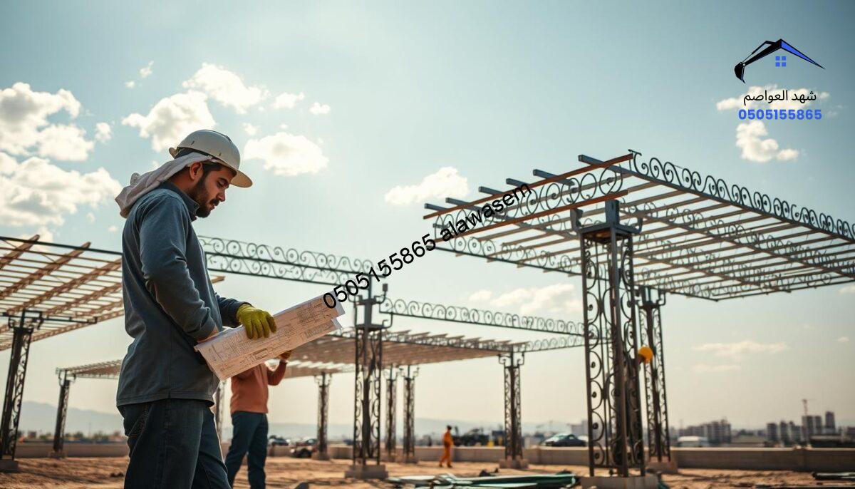 A construction site featuring skilled workers executing the assembly of various iron pergolas. In the foreground, a worker in modest casual clothing inspects plans and measurements, while another worker operates welding equipment. The middle ground showcases several partially constructed iron pergolas, each with different designs – some with intricate patterns and others with a modern minimalist look, all glistening under a warm afternoon sun. The background consists of a clear blue sky, with scattered clouds and the silhouette of distant buildings in the western Riyadh area. The scene is illuminated with soft natural light, enhancing the textures of the metal and the concentration of the workers, creating a productive and focused atmosphere.