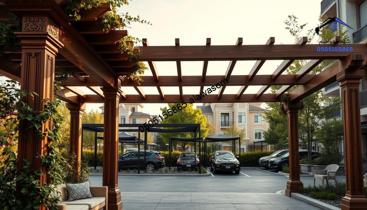 A custom pergola design in an urban environment, showcasing an elegant and spacious structure made of high-quality wood and adorned with climbing plants. In the foreground, the pergola features intricate carvings and a stylish roof that provides ample shade for a cozy sitting area. In the middle ground, a modern car park is visible, where sleek vehicles are parked beneath several stylish shade structures. The background reveals a serene neighborhood with vibrant greenery and stylish residential buildings. The lighting is warm and inviting, suggesting a late afternoon sun, with soft shadows adding depth. The composition is captured with a wide-angle lens, conveying a sense of openness and tranquility in this urban oasis.