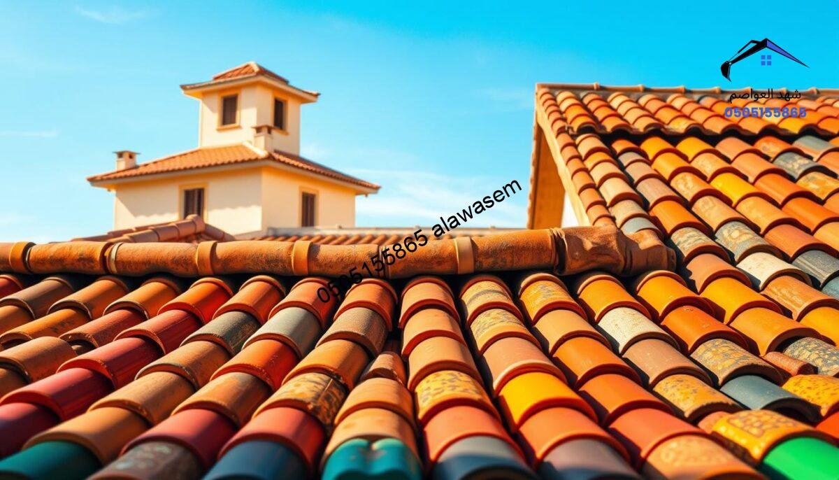 A detailed illustration of different types of roof tiles, showcasing a variety of Spanish and Italian styles. In the foreground, display an array of colorful clay tiles, including rounded, flat, and interlocking designs, emphasizing their textures and colors. In the middle ground, create a rooftop scene with a picturesque villa featuring these tiles richly layered and reflecting sunlight. The background should showcase a clear blue sky, hinting at a sunny day, to enhance the vibrant colors of the tiles. Use soft, warm lighting to create an inviting atmosphere. Capture the scene from a slightly elevated angle to provide depth and context. Avoid any text or watermarks in the image.