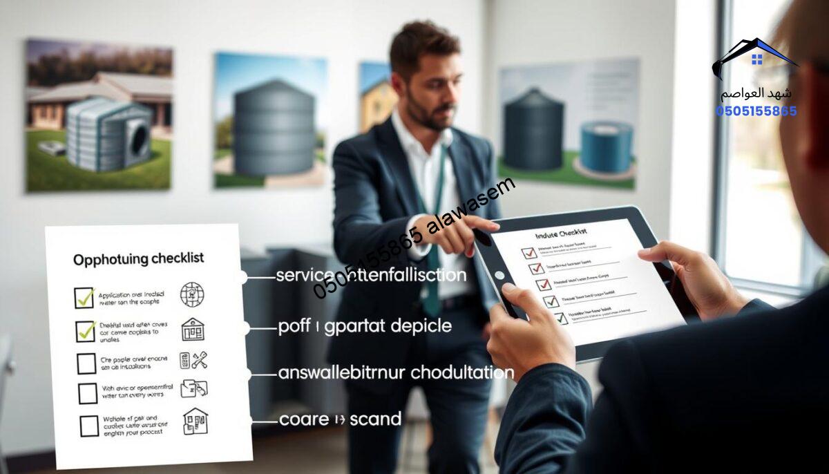 A detailed illustration of the steps to obtain a service, showcasing a modern, professional setting. In the foreground, an organized checklist with clear items and symbols that represent each step visually, such as icons for application, approval, and installation. In the middle ground, a professional consultant in business attire is assisting a customer, pointing at the checklist on a digital tablet. The background features a clean, modern office space with images of insulated water tank covers displayed on the walls. Soft, natural lighting floods the room, creating a welcoming and informative atmosphere, with a slight depth of field focusing on the consultant and checklist. The overall mood is proactive and encouraging, inviting viewers to engage in the service process.