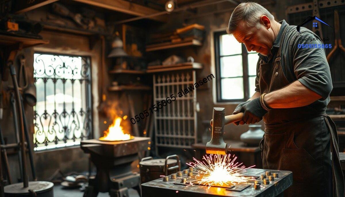 A detailed scene of a blacksmith workshop, showcasing various metalworking processes. In the foreground, a skilled blacksmith, dressed in a leather apron and gloves, is forging a piece of metal on an anvil, with sparks flying from the hammer's contact. The middle ground features tools of the trade, including pliers, chisels, and a coal-fired forge glowing with amber flames. The background illustrates shelves filled with finished ironworks, such as gates and railings, with a large window allowing natural light to stream in, enhancing the rich textures of the metal. The atmosphere is industrious and warm, reflecting the craftsmanship and dedication involved in أعمال حدادة. The image is well-lit, focusing on the craftsmanship, and captured with a slightly elevated angle to provide depth.