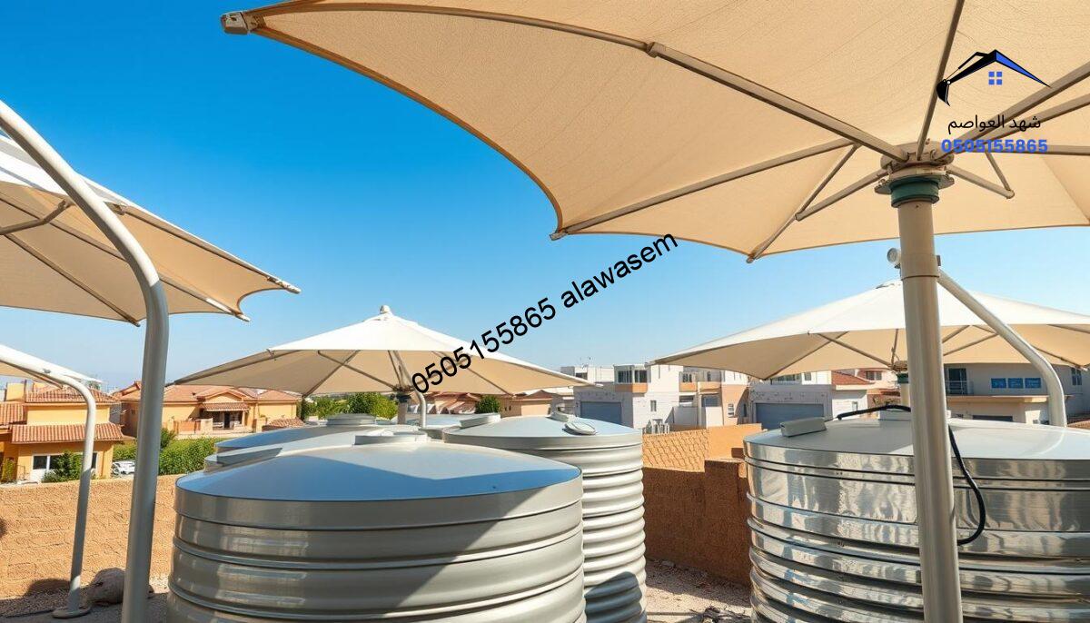 A detailed view of thermally insulated water tank umbrellas, showcasing their innovative design and functionality. In the foreground, highlight the robust structure of the umbrellas, featuring durable materials in shades of light gray and white. The middle ground should display several insulated tanks protected by the umbrellas, with intricate details like reflective surfaces and insulation layers visible. In the background, a residential neighborhood in Al-Shifa and Al-Arid can be seen, suggesting a sunny day with clear blue skies. The lighting should create soft shadows, emphasizing the textures of the materials. The mood is professional and informative, showcasing technological advancement in water storage solutions. Focus on clarity and realism, without any text or watermarks.