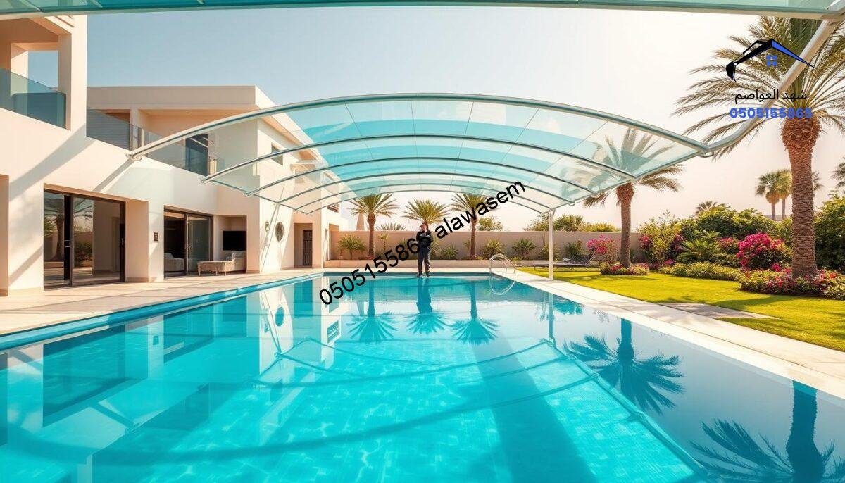 A modern and elegant outdoor space featuring a high-end villa in the Al Rawda neighborhood, showcasing transparent glass pool shades elegantly arching above a luxurious swimming pool. In the foreground, a sleek, minimalist swimming pool with clear blue water reflects the surrounding greenery. The middle ground highlights the exquisite glass canopies, casting dappled shadows on the deck, with a focus on a professional in business attire inspecting the installation. The background shows lush landscaping with palm trees and flowering shrubs, under a bright, sunny sky. The lighting is warm and inviting, creating a serene and sophisticated atmosphere, capturing the essence of the "شركة مظلات سواتر شهد العواصم" brand.