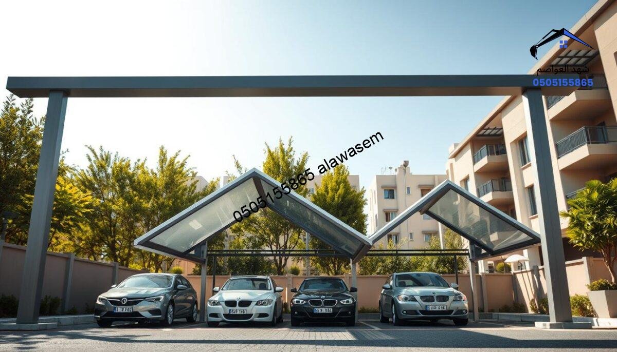 A modern car parking shelter design featuring sleek, pyramid-shaped canopies. In the foreground, focus on two well-structured, elegantly designed car canopies, showcasing a blend of metallic and translucent materials. In the middle ground, several parked cars are neatly arranged under the shelters, highlighting the effective use of space and protection from the sun. The background captures a sunny urban landscape, featuring green trees and residential buildings typical of Al-Faisaliah and Al-Nazhah neighborhoods. The lighting is bright and natural, with soft shadows creating an inviting atmosphere. The composition is taken from a low angle, emphasizing the height and architectural features of the canopies. The image conveys a professional, functional, and contemporary mood ideal for modern urban living.