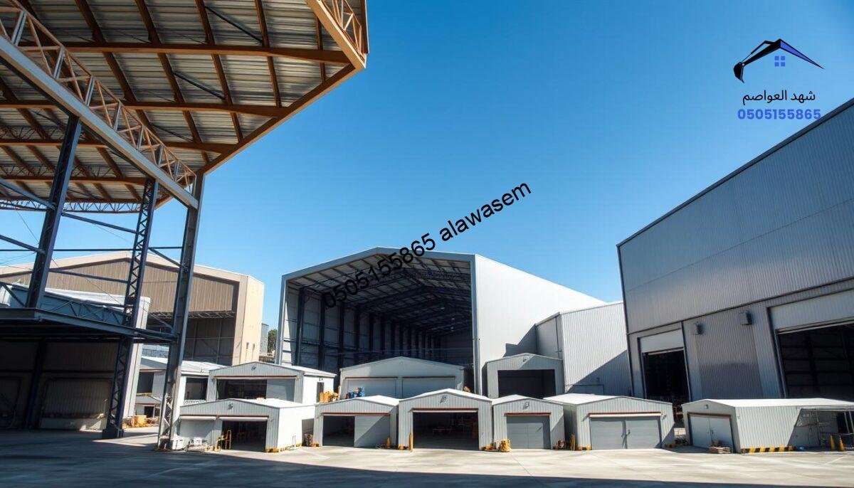 A modern industrial complex showcasing various types of large, robust "ال هناجر صناعية." In the foreground, highlight the structural elements of the warehouses, displaying their metallic frameworks and spacious interiors. In the middle ground, include a diverse selection of these warehouses, with different designs emphasizing their versatility and functionality, such as open layouts, and large sliding doors. The background features a clear blue sky, casting natural light that enhances the shiny surfaces of the buildings. Use a wide-angle lens to capture the expansive scene, creating a sense of scale and professionalism. The mood is industrious and innovative, reflecting a thriving industrial environment.