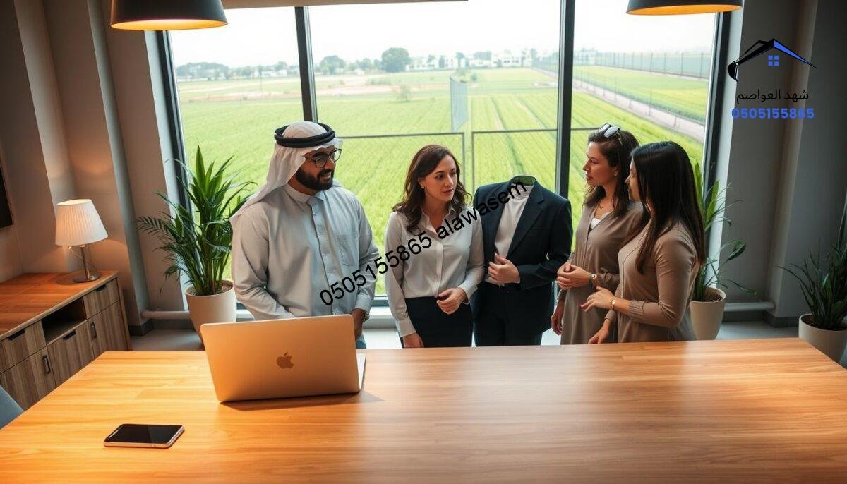 A modern office setting illuminated by soft, warm lighting, featuring a stylish wooden desk with a laptop open and a smartphone beside it, conveying a professional atmosphere. In the foreground, a diverse group of three individuals dressed in professional business attire, including a Middle-Eastern man and two women, one in a smart blouse and the other in a tailored dress, are engaged in a discussion. Their body language suggests cooperation and openness. In the middle ground, a large window showcases a view of lush green fields, symbolizing agricultural projects in West Riyadh. The background includes decorative plants and a subtle hint of security fencing, reinforcing the theme of sturdy agricultural solutions. Overall, the mood is inviting and collaborative, reflecting a commitment to communication.