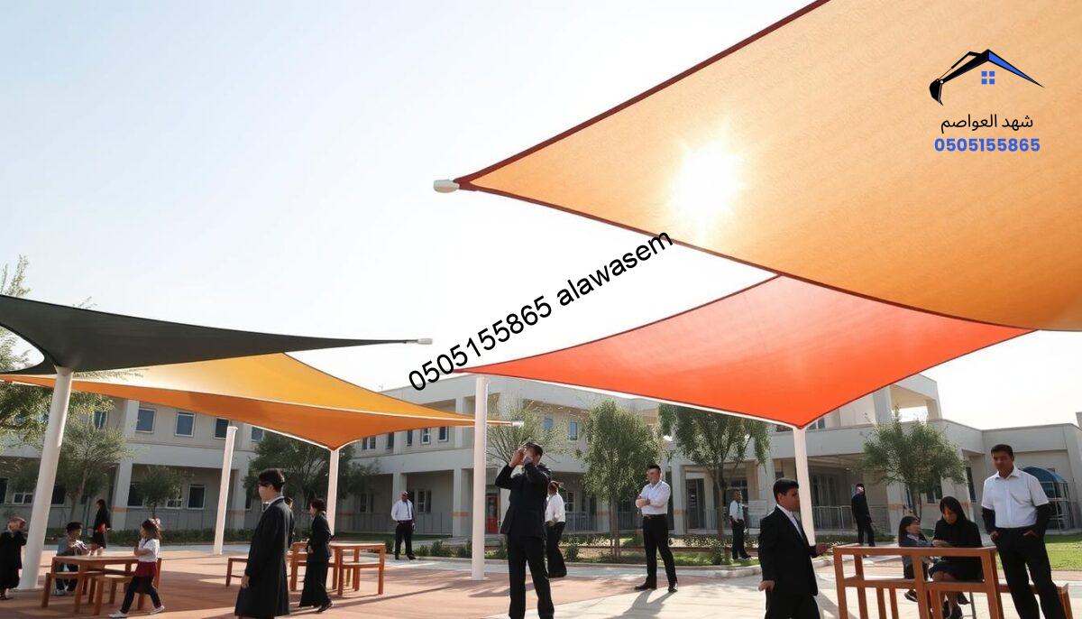 A modern outdoor scene showcasing an installation of high-quality shade structures and barriers by "شركة مظلات سواتر شهد العواصم" in a school setting in East Riyadh. The foreground features sleek, colorful shade canopies providing protection over children's play areas, with students dressed in professional attire enjoying their time outdoors. In the middle ground, a team of uniformed workers construct and adjust the shade systems, demonstrating professionalism and expertise. The background features a well-maintained school building and trees under a bright, sunny sky, creating a warm, inviting atmosphere. The image is captured with a wide-angle lens, emphasizing the scale and quality of the installation, with soft natural lighting to enhance the vibrant colors and details.