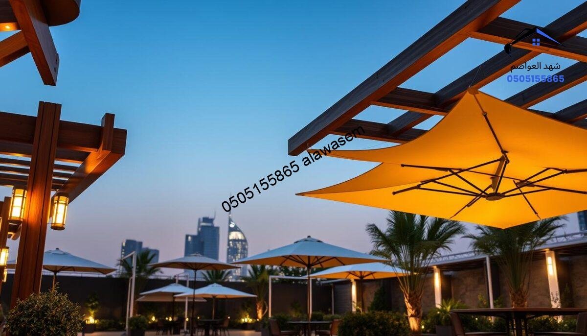 A modern outdoor setting showcasing various competitive advantages of a shade and canopy company, "مظلات سواتر شهد العواصم." In the foreground, display elegantly designed wooden pergolas equipped with LED lighting, casting a warm glow in the evening ambiance. The middle ground features a variety of high-quality, visually appealing canopies and umbrellas, demonstrating fabric options and innovative designs, set up in a stylish urban garden in East Riyadh. The background should include soft-focus cityscape elements, hinting at an urban lifestyle. Use soft, inviting lighting to create a relaxed atmosphere, emphasizing the versatility and design of the products. Capture the scene from a slight downward angle to highlight the products effectively. Ensure the overall image conveys sophistication and innovation without any text or logos.