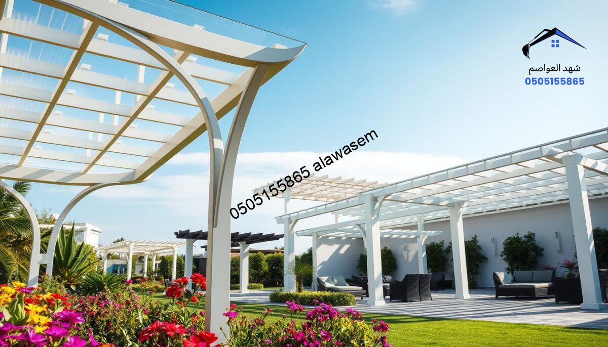 A modern outdoor setting showcasing various polycarbonate pergolas in different styles and designs. In the foreground, intricate details of a sleek, transparent polycarbonate pergola with elegant curves, surrounded by lush greenery and colorful flowering plants. In the middle ground, several additional pergolas of varying shapes and sizes, each demonstrating unique architectural features such as angular lines and soft, organic forms, all made from high-quality polycarbonate materials. The background features a clear blue sky with gentle sunlight casting soft shadows, enhancing the tranquil ambiance. Use a wide-angle lens to capture the expanse of the setting, and ensure the atmosphere is inviting and serene, perfect for a leisure retreat. No text or watermarks.